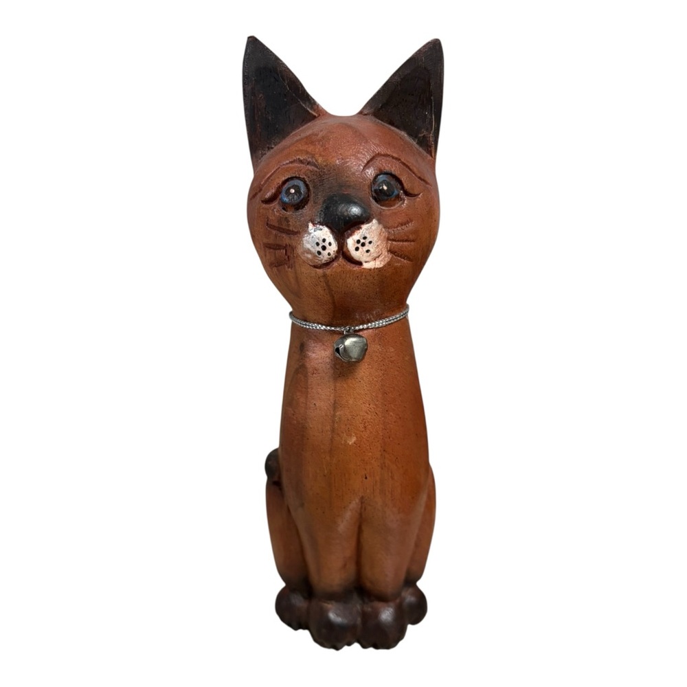 Vintage Hand Carved Thailand Wood Cat Figurine